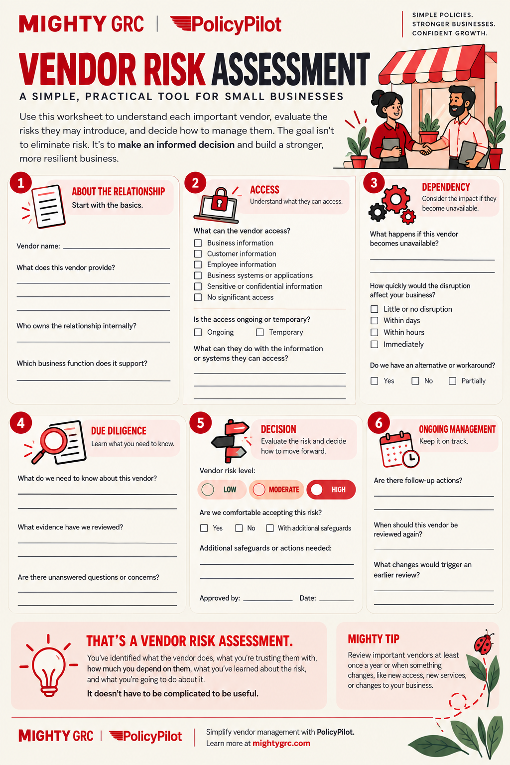 A downloadable PDF vendor risk assessment template for small and midsized businesses from MIGHTY GRC and PolicyPilot.