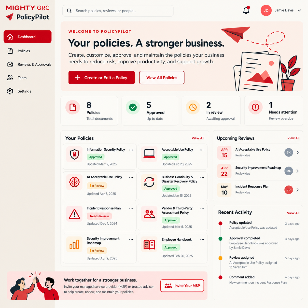PolicyPilot Dashboard Mockup: Policy Management Software for Small Businesses and SMBs. PolicyPilot Dashboard Mockup: Policy Management Software for Small Businesses and SMBs.